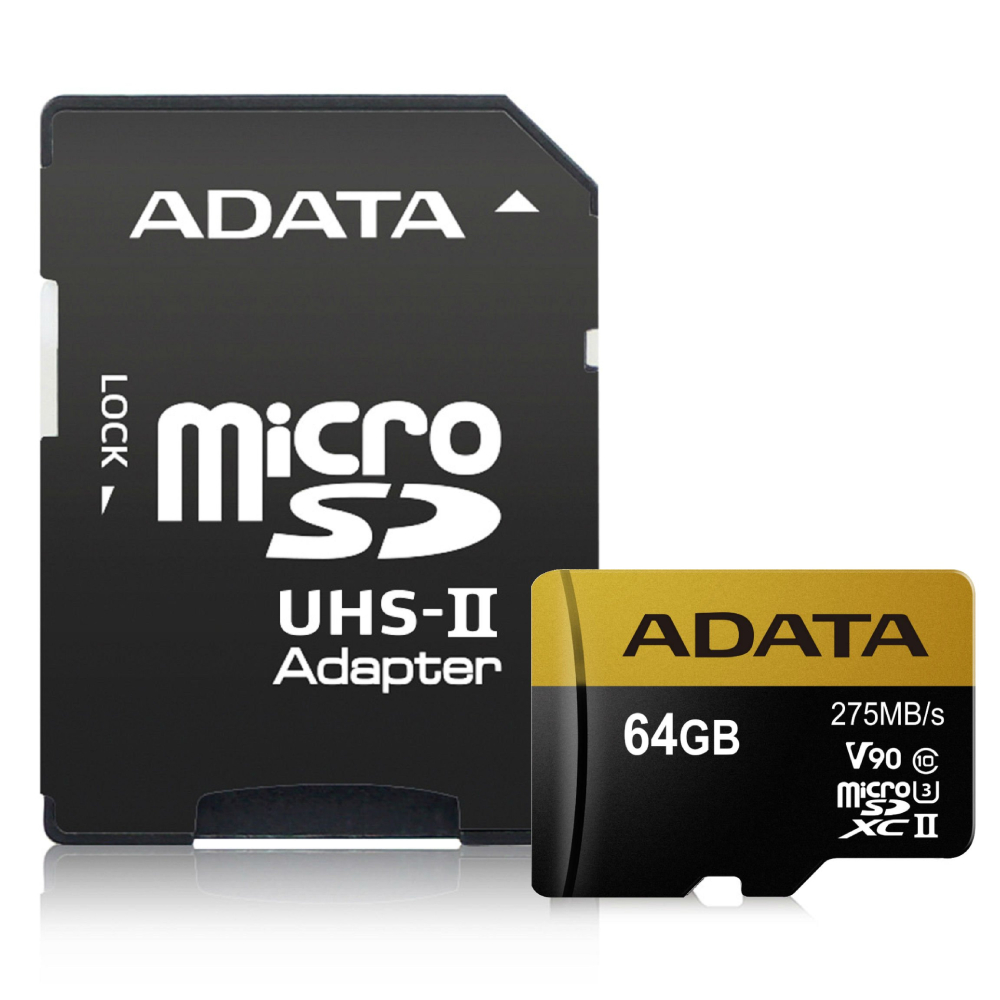 ADATA 64GB microSDHC Premier ONE 64GB SDXC UHS-II U3 Class10 V90 3D NAND 4K 8K Ultra HD 275MB/s Micro SD Card with Adapter