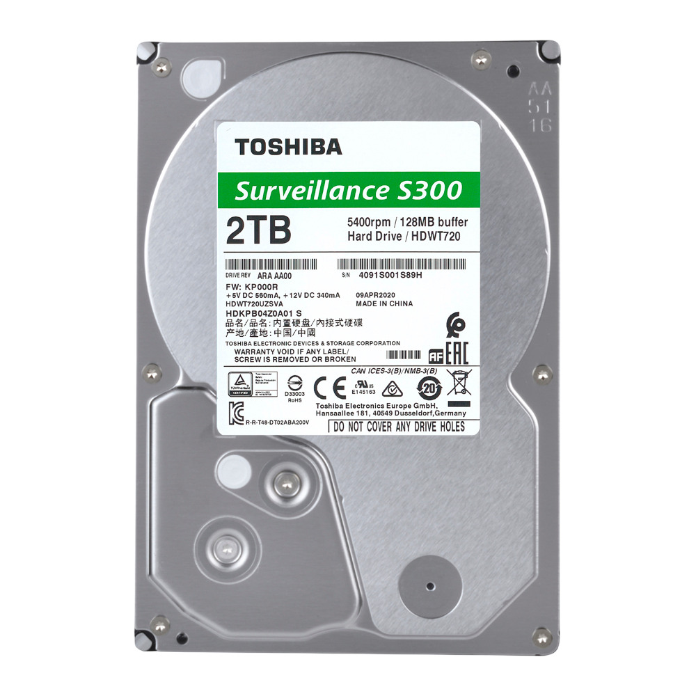 HDD 2TB Toshiba S300. 3.5" SATA 6Gb/s.128MB. 186MB/s. Surveillance
