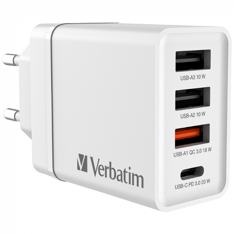 Полнач VERBATIM USB CHARGER 30W 4-Port USB Wall Charger 1 x USB-C PD 20W/1xUSB-A QC 3.0 18W/2 x USB-A 10W for all types