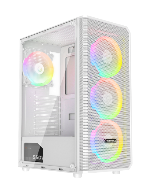 ATX Case Rampage Helios Mesh Tempered Glass White w/4x120mm Rainbow Case Fans